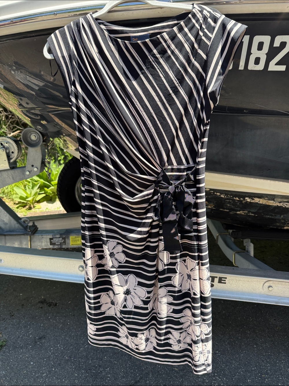 Just...Taylor Black and White Striped Floral Tie-Waist Midi Dress